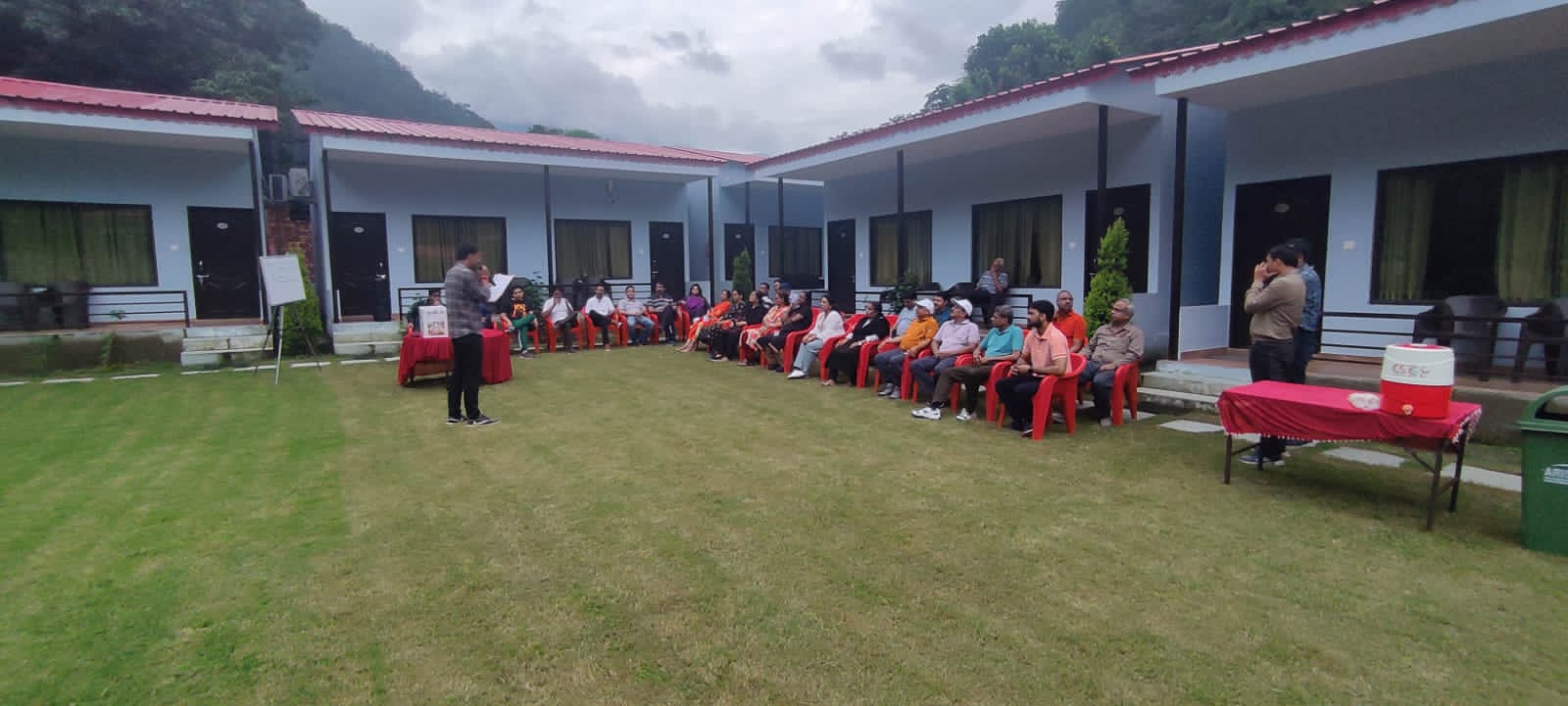 Training session with mountain backdrop